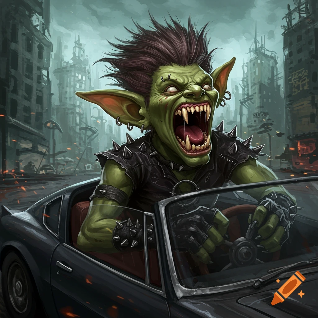 A screaming goblin with a mohawk in a car drives through a ruined city.