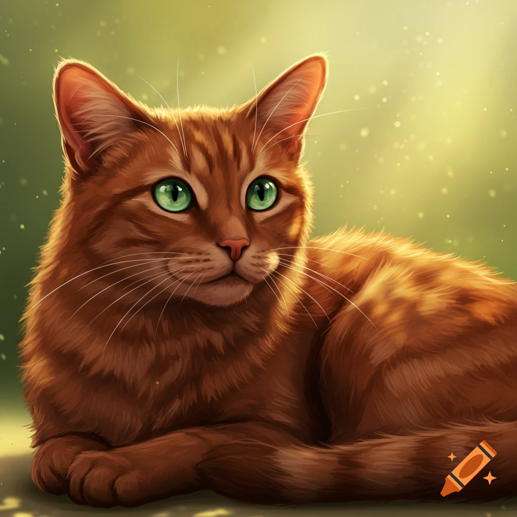Illustrative portrait of an orange tabby cat with green eyes lying down
