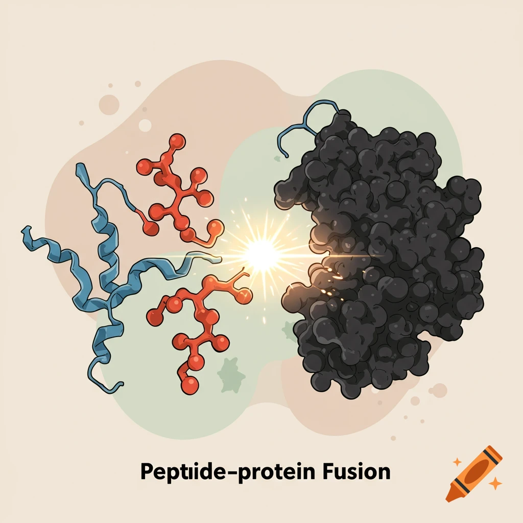 Cartoon illustration of a peptide fusing with a protein.