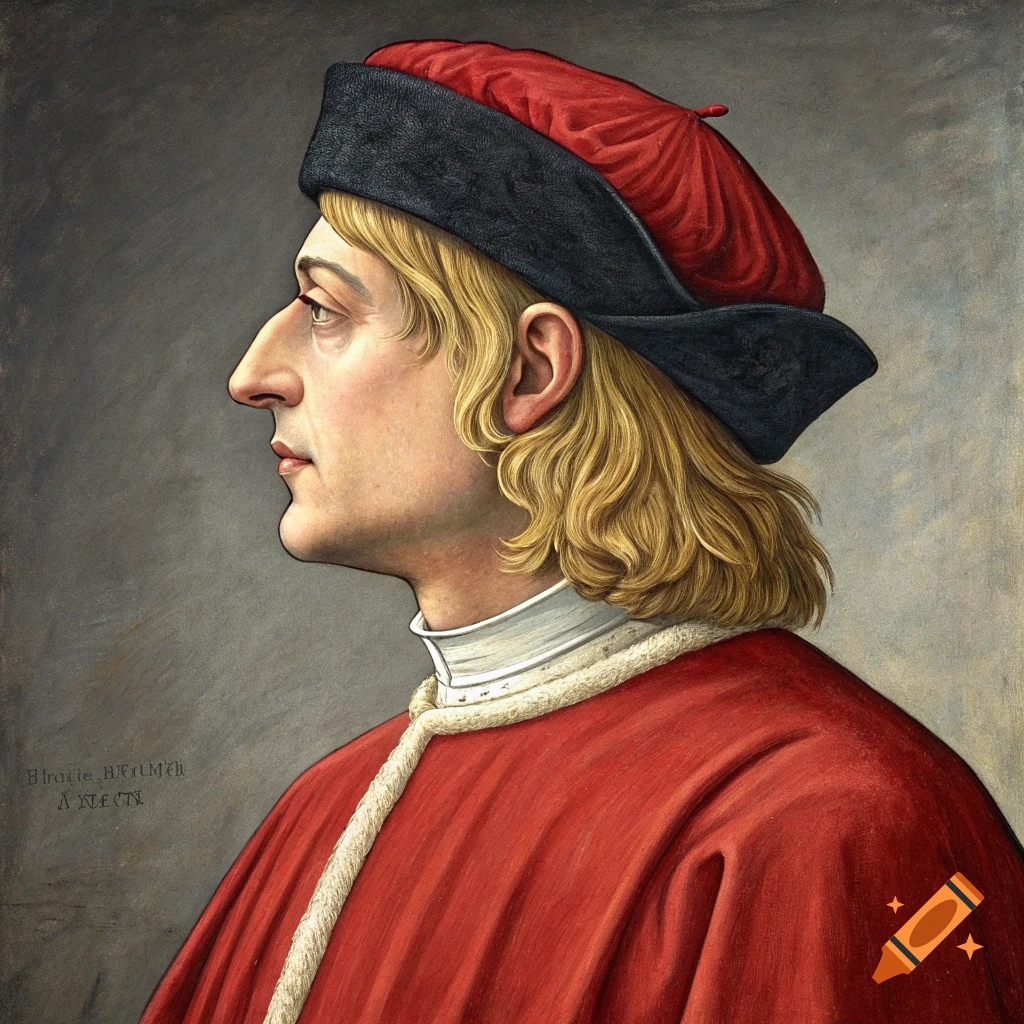 Portrait of a man in a red robe and black hat, in the style of a Renaissance painting