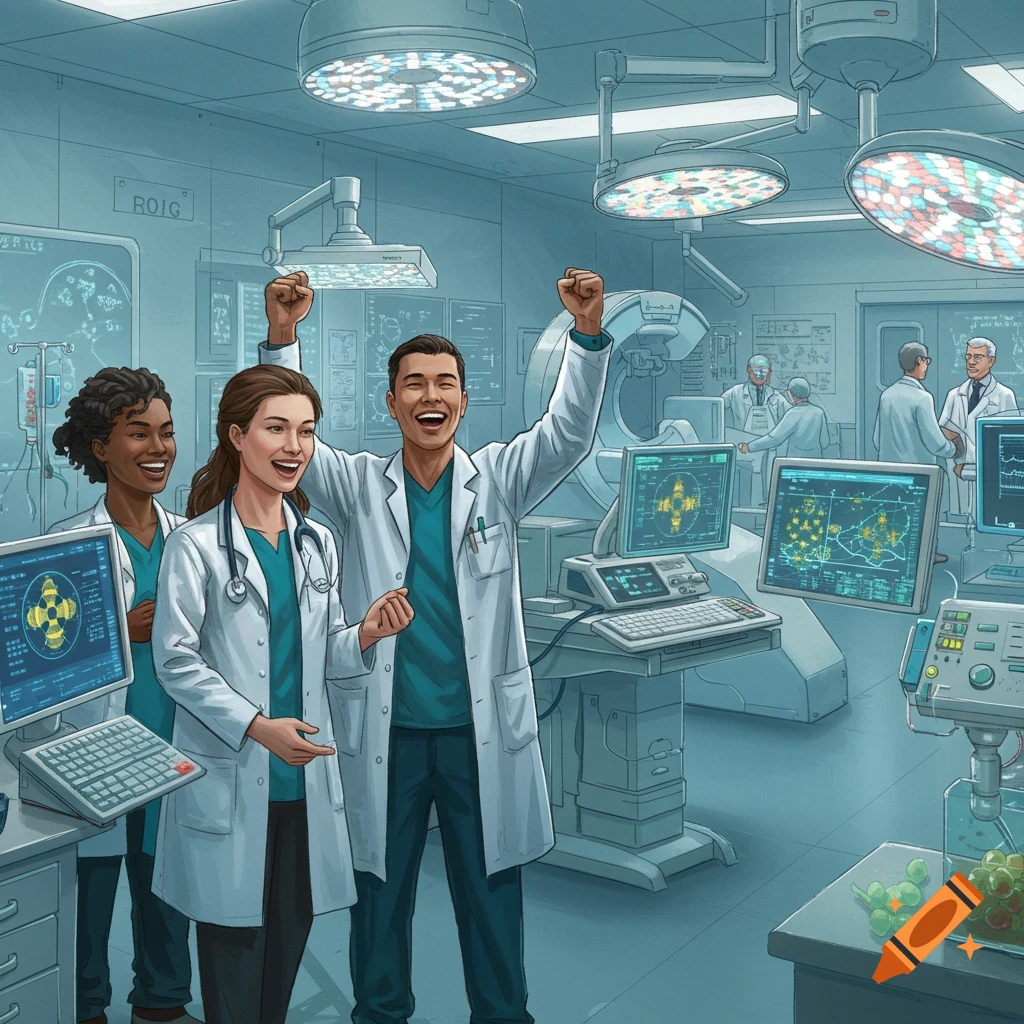 Illustration of three happy doctors celebrating in a clean, high-tech research lab.