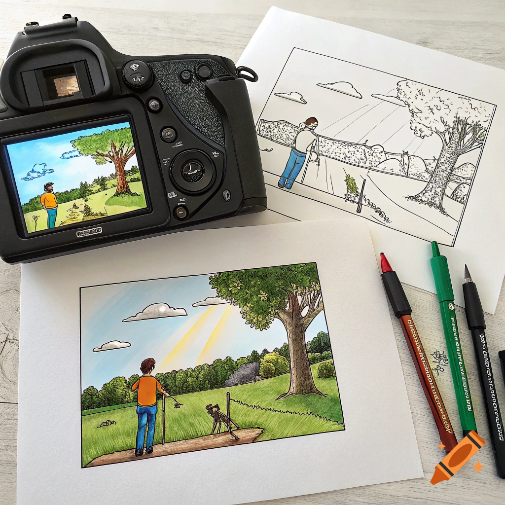 A camera with a colored drawing on its screen sits on a table next to the original black and white drawing, colored drawing, and pens.