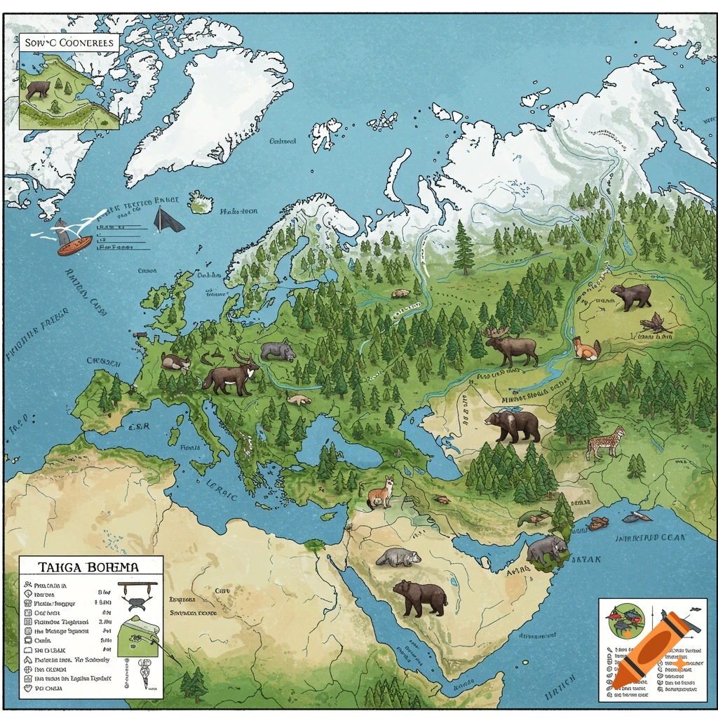 A stylized illustrated map of Europe and Asia showing taiga forests, various animals, and geographic features.