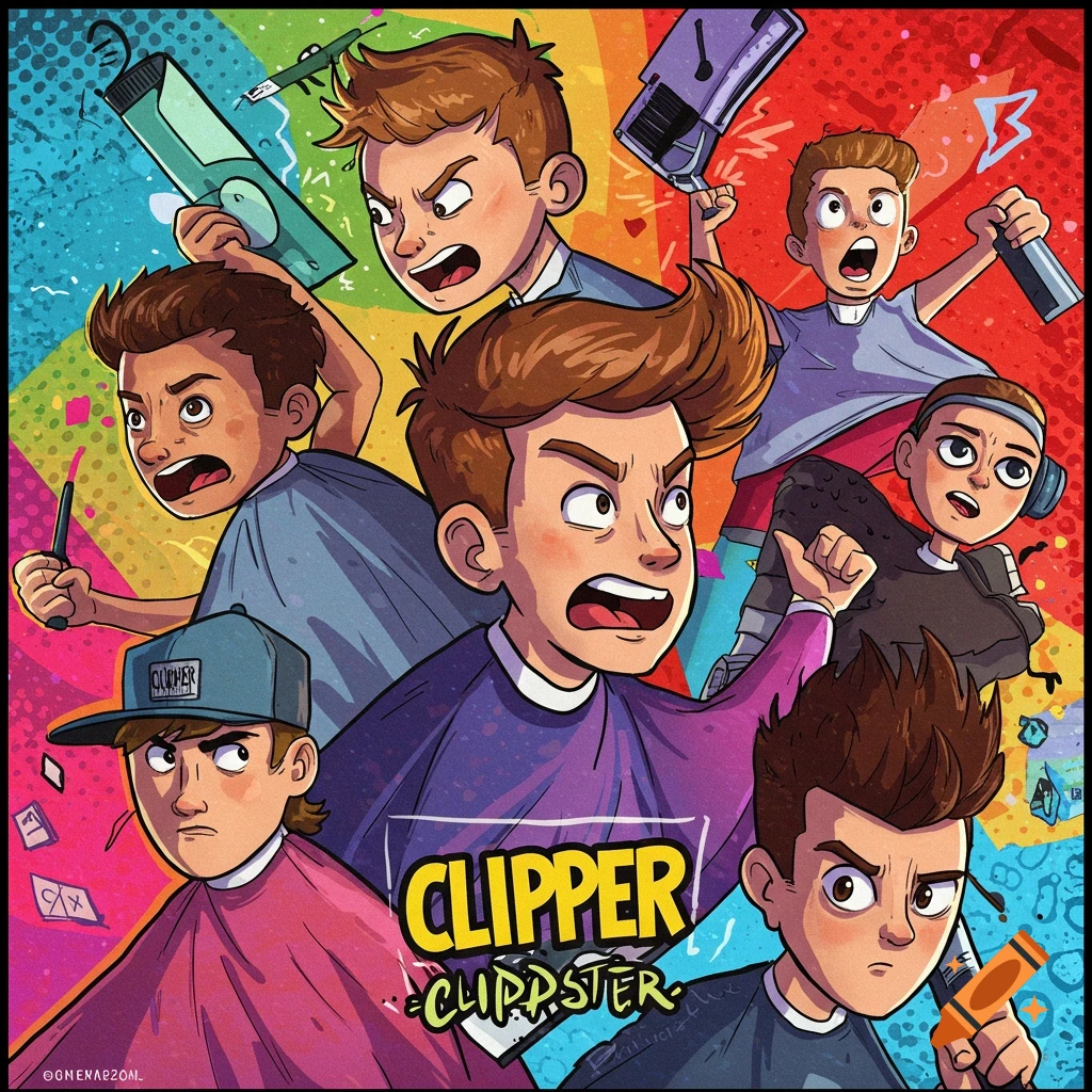 Dynamic cartoon illustration of several boys with exaggerated expressions holding haircutting tools against a colorful background.