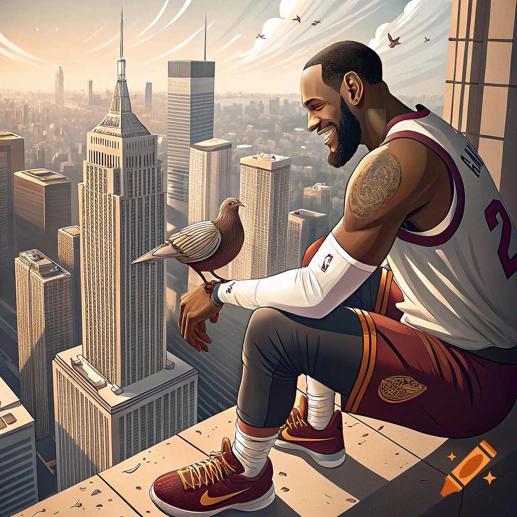LeBron James in a basketball jersey sits on a skyscraper ledge petting a pigeon, overlooking a city skyline. Cartoon style.