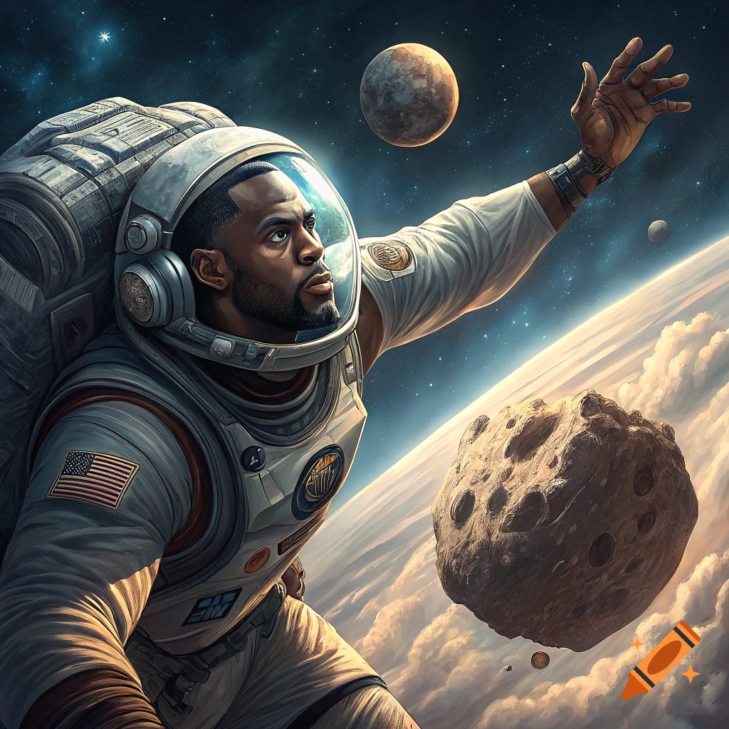 An astronaut reaching out in space towards an asteroid, with Earth below.