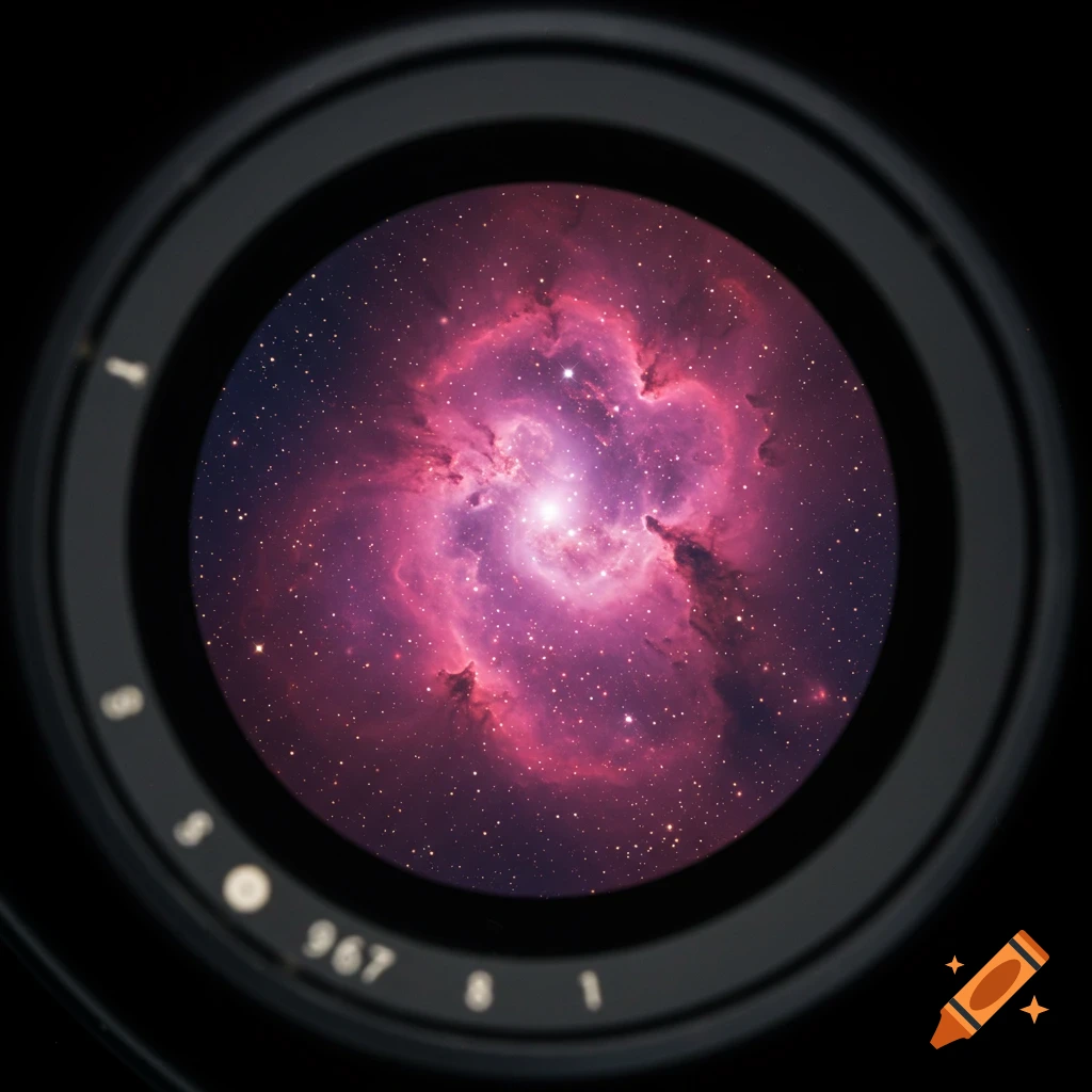 View of a pink nebula with stars and gas clouds through the lens of a telescope.