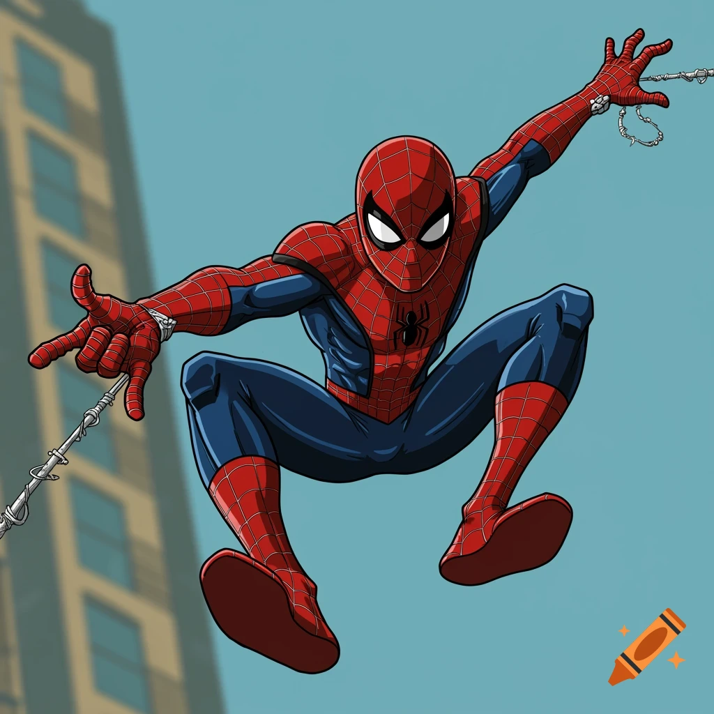 Spider-Man swinging through the air in a comic book style.