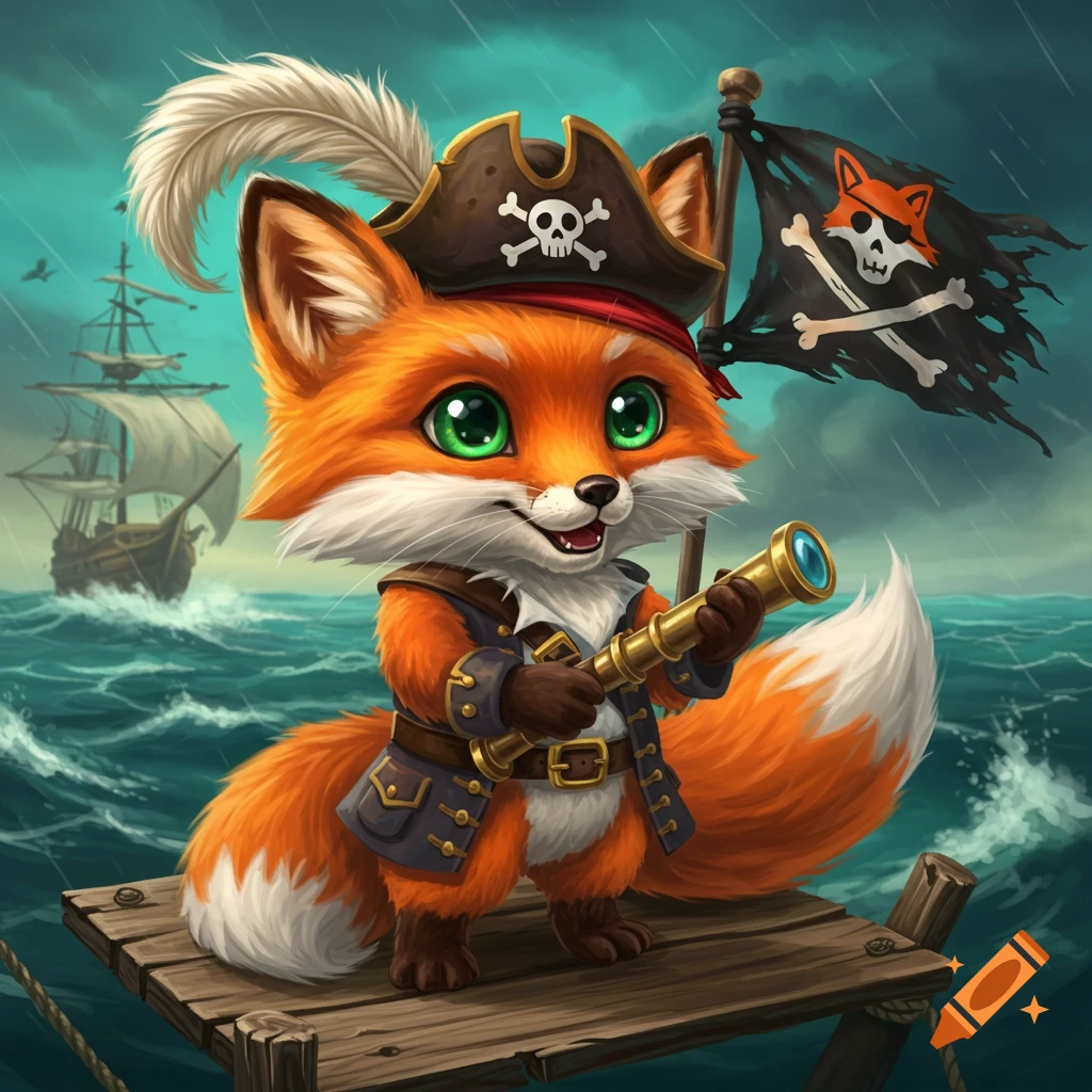 A cute cartoon fox dressed as a pirate stands on a dock holding a spyglass with a ship and flag behind him.