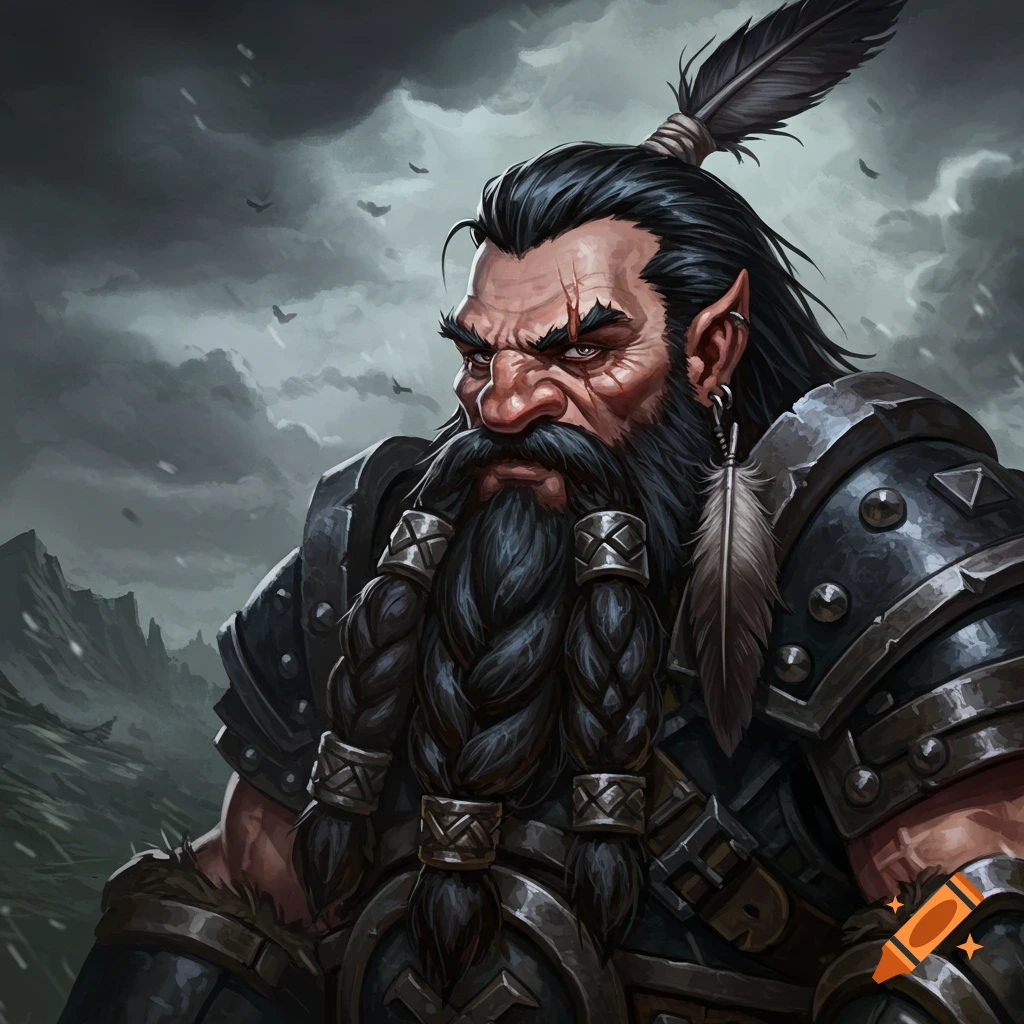 Detailed illustration of a fierce dwarf with a long braided beard, armor, and feathers against a stormy sky.