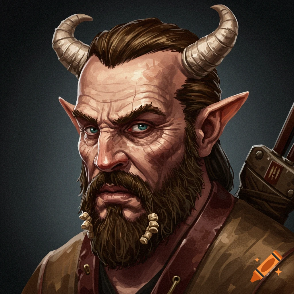 Portrait of a fantasy man with horns, beard, and pointed ears.
