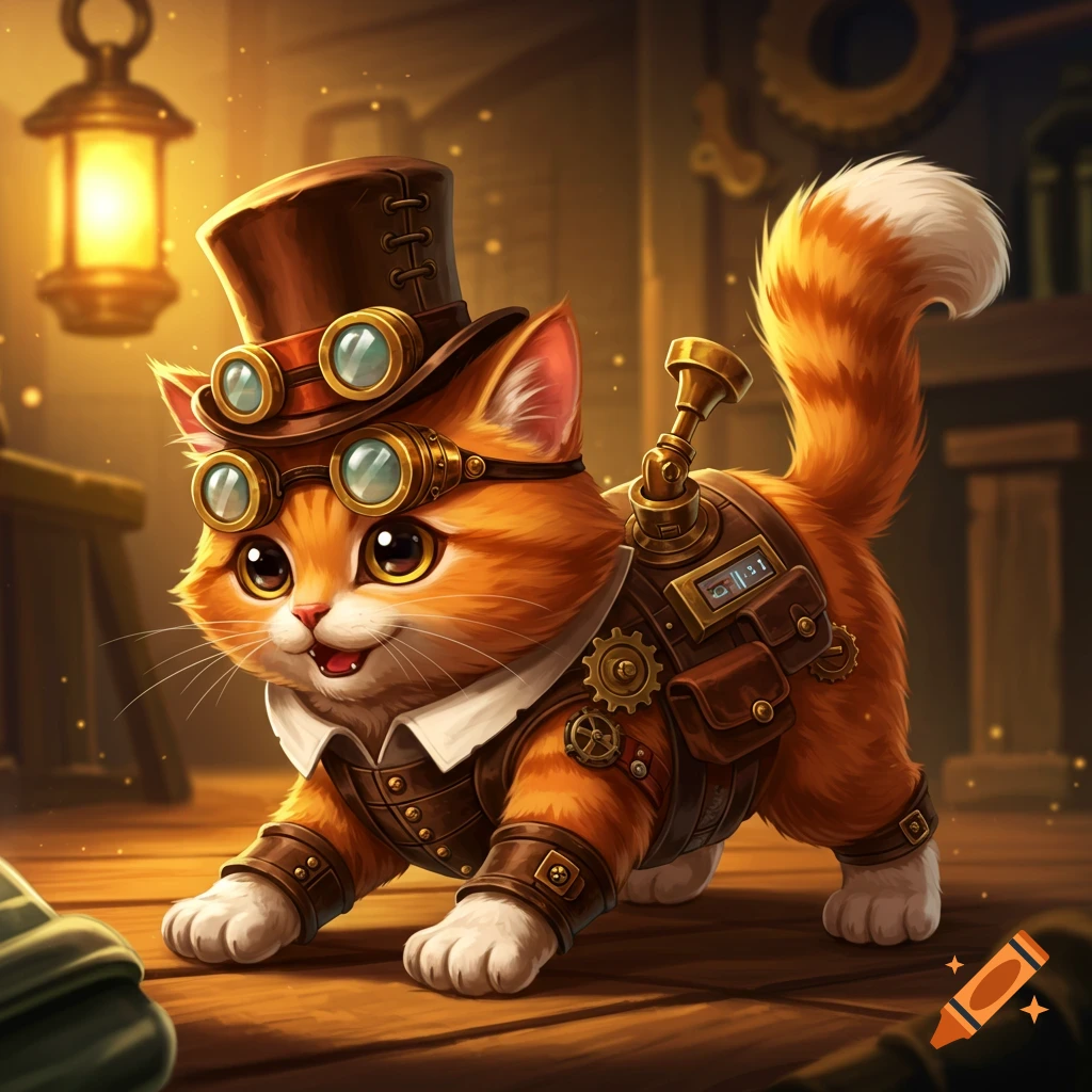 A cute cartoon steampunk cat wearing a top hat and goggles stands on a wooden floor.