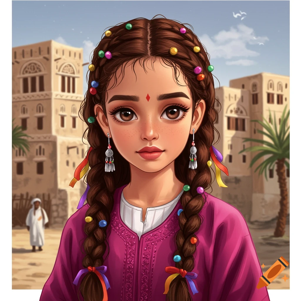 Illustrated portrait of a Yemeni girl with braids and colorful decorations wearing traditional clothing in front of traditional architecture.