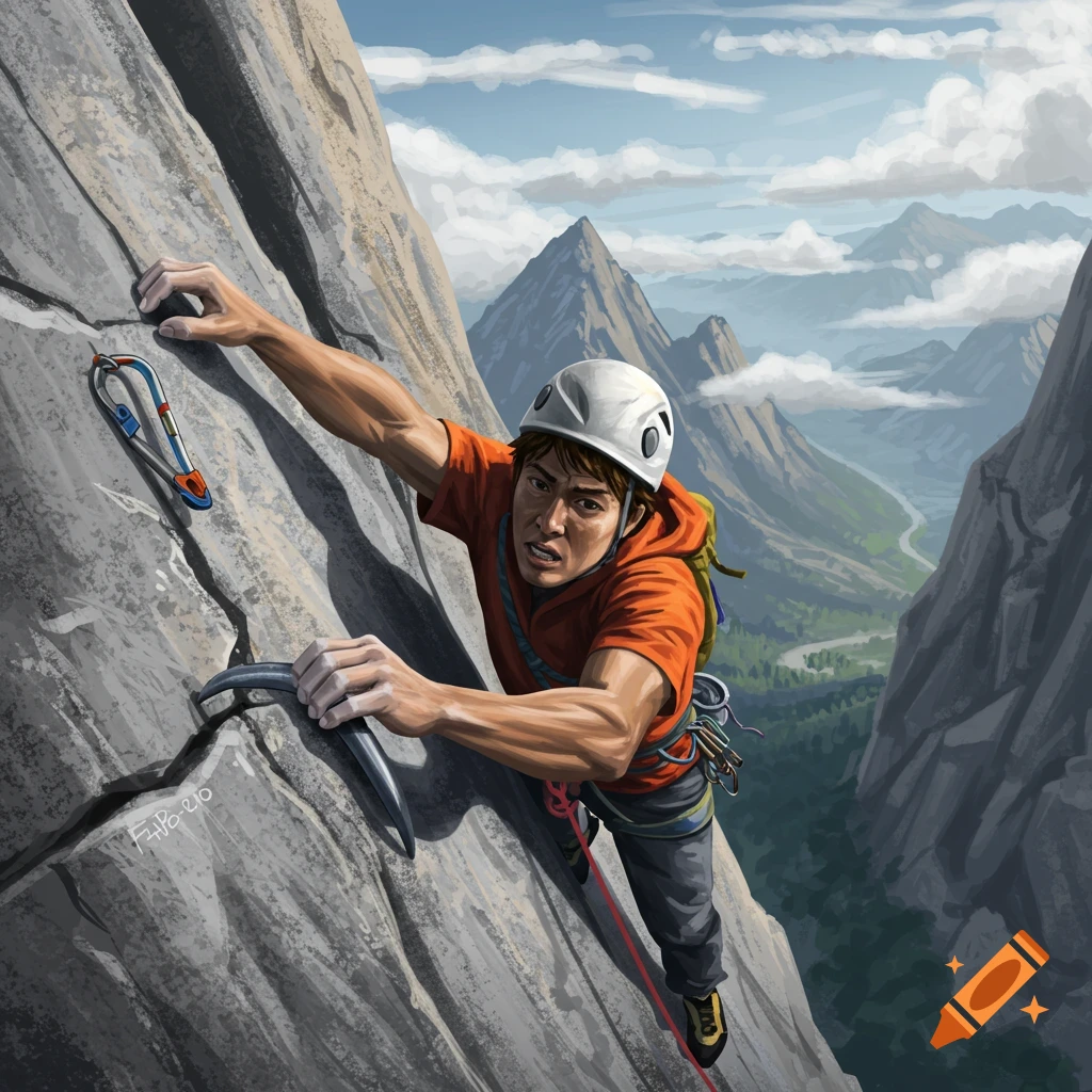 A person rock climbing up a steep mountain face, with a valley and mountains in the background. Illustration.