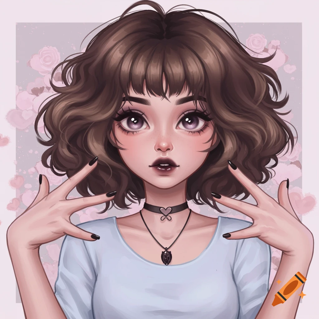 Anime illustration of a young woman with short brown hair, dark makeup, choker, and dark nail polish, making hand gestures against a background of hearts and flowers.