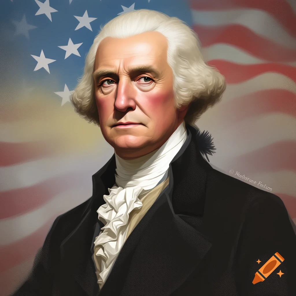 Portrait of George Washington against an American flag backdrop.