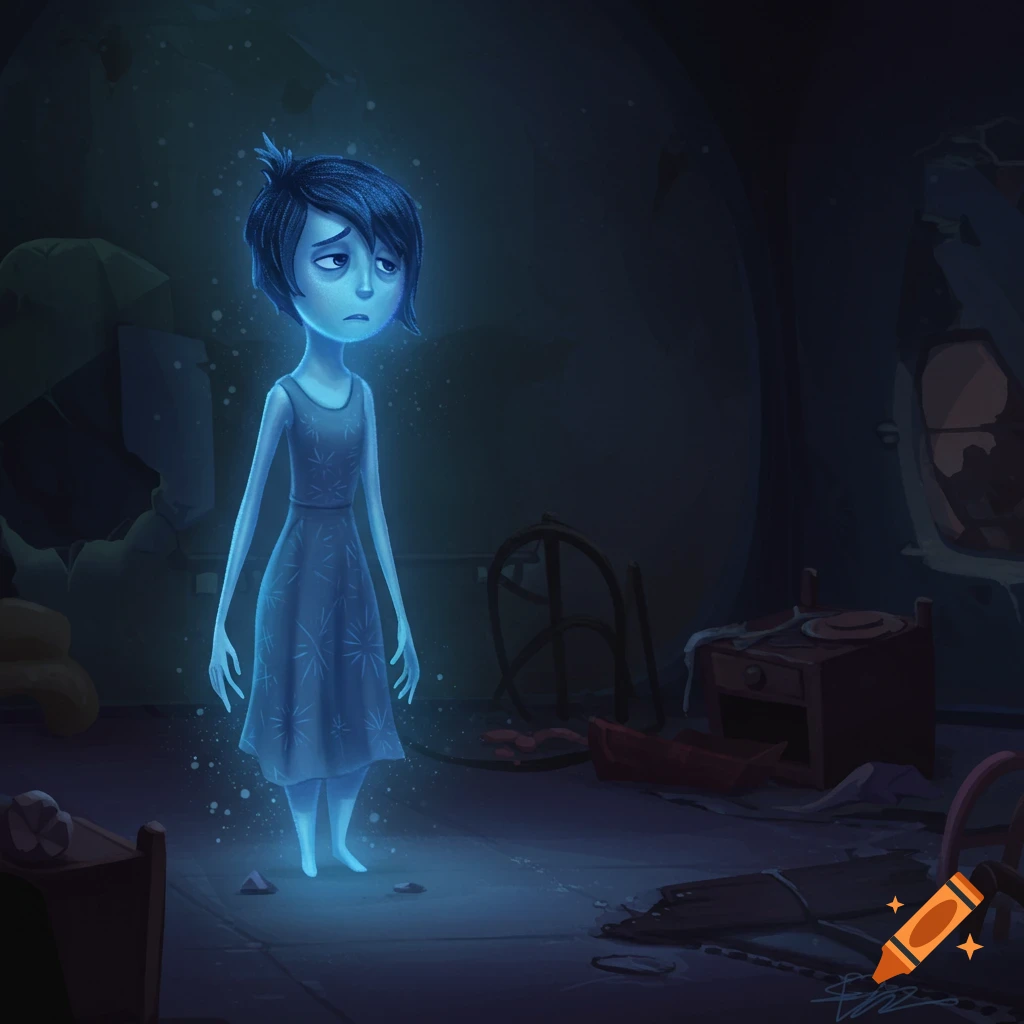 A sad blue cartoon character resembling Sadness from Inside Out stands in a dimly lit, messy room.