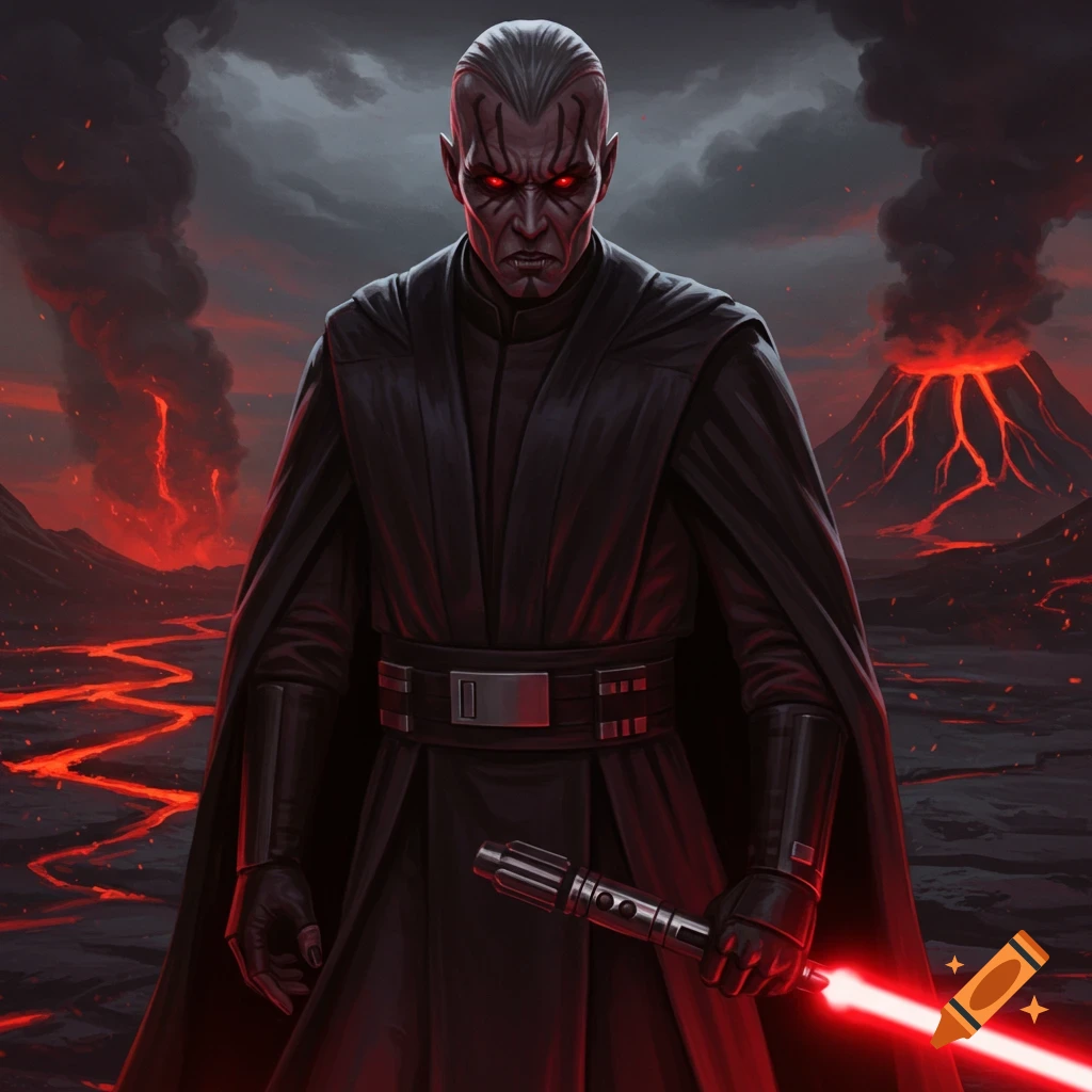 A dark character with red eyes and a red lightsaber stands in a volcanic landscape.
