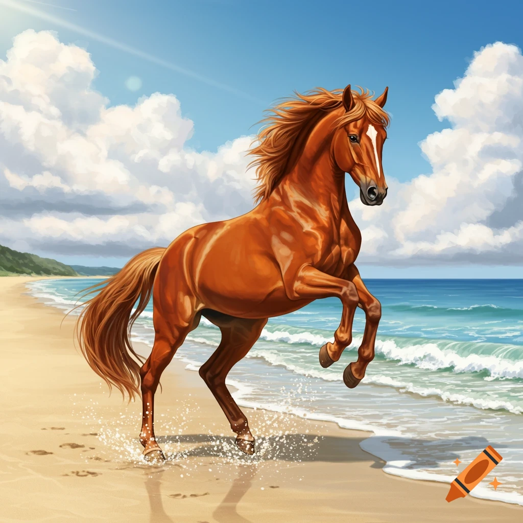 An illustrated brown horse rears up on a beach with waves in the background.