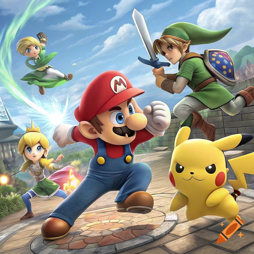 Mario, Link, Pikachu, and Zelda in a dynamic Super Smash Bros style illustration.