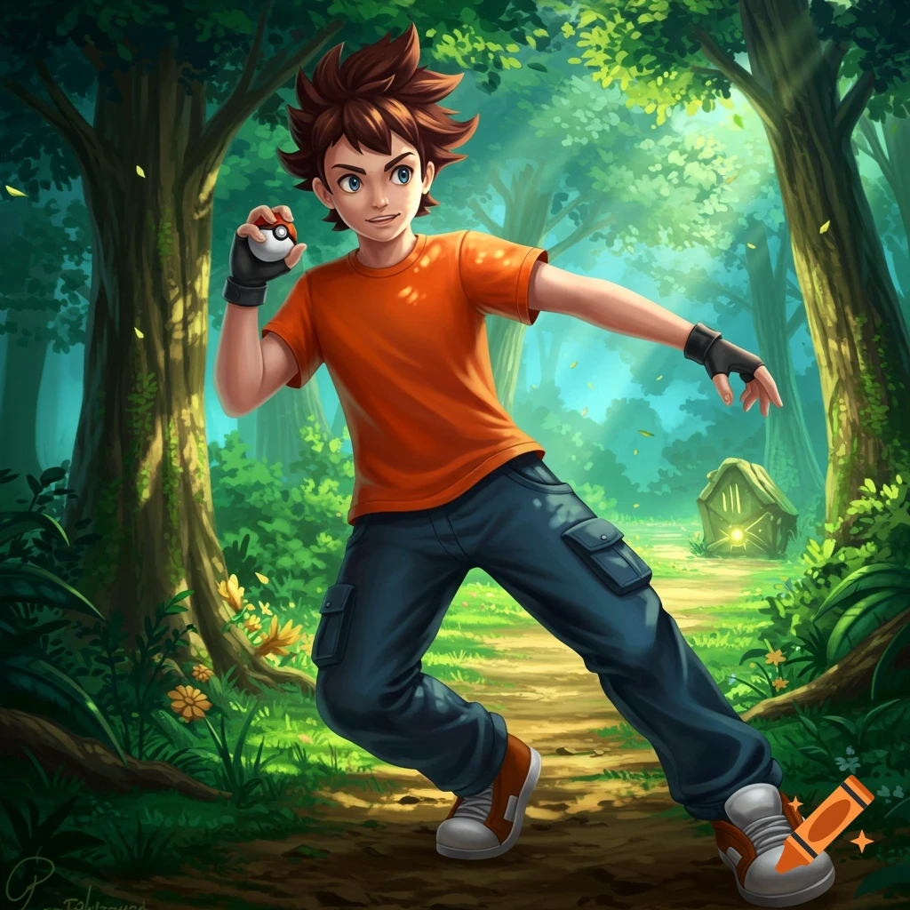 An illustrated image of a young boy in a Pokemon trainer outfit running on a forest path, holding a Pokeball.