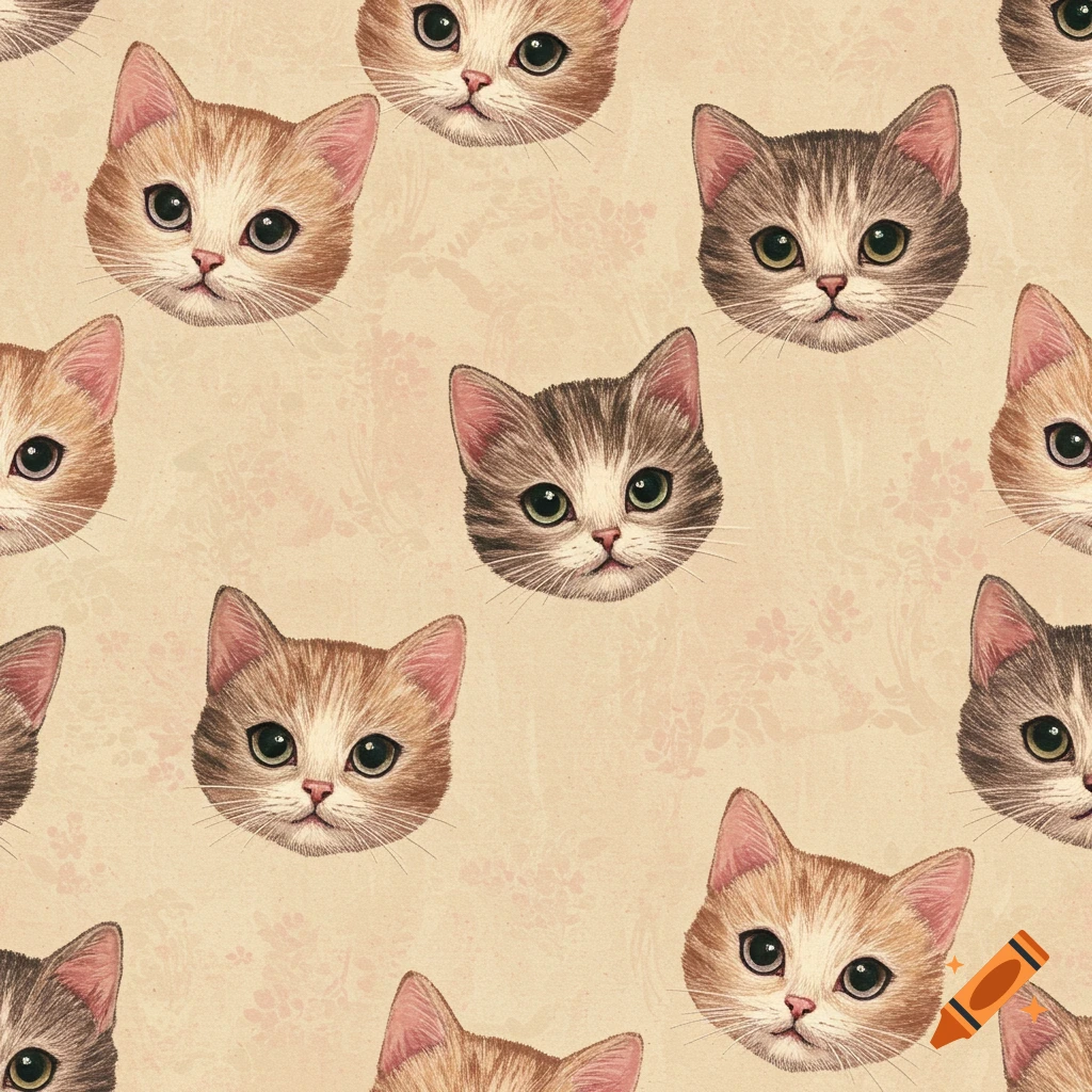 Repeated pattern of cute kitten faces in an aged, embroidered style.