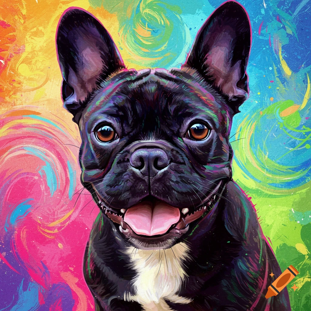 A black French bulldog with its tongue out against a vibrant, colorful, swirling background in an artistic style.