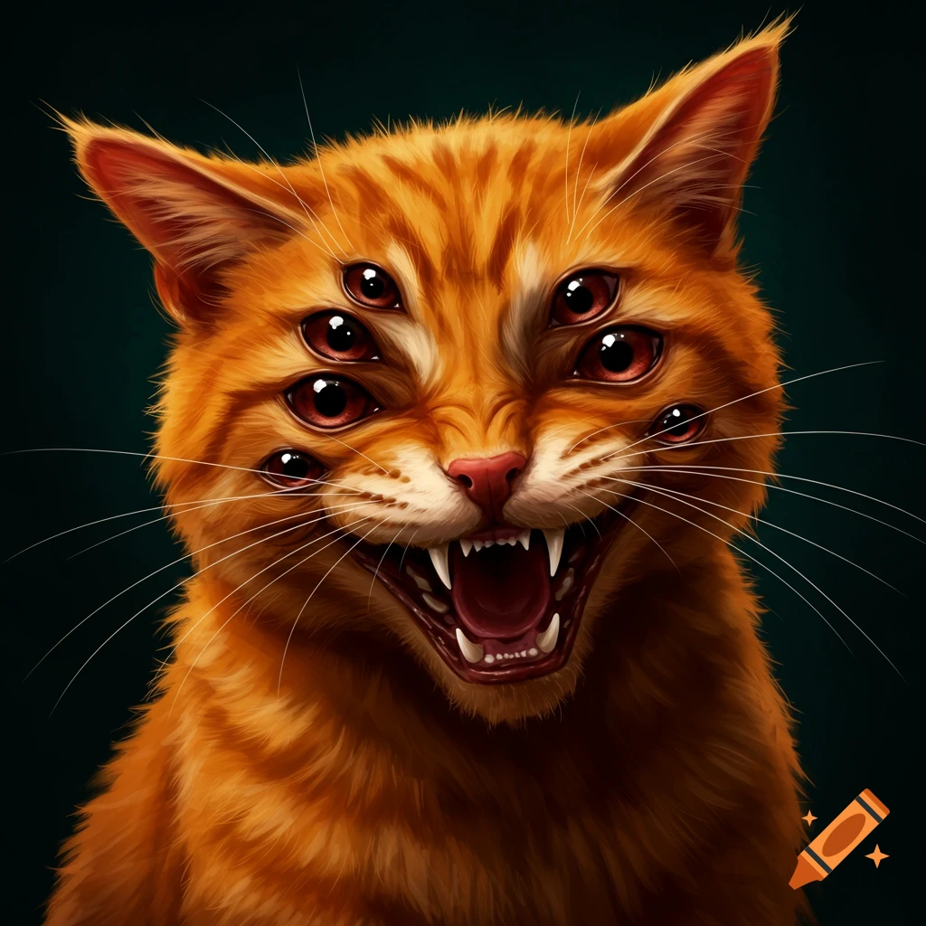 Close-up of an orange cat with multiple red eyes and bared fangs.