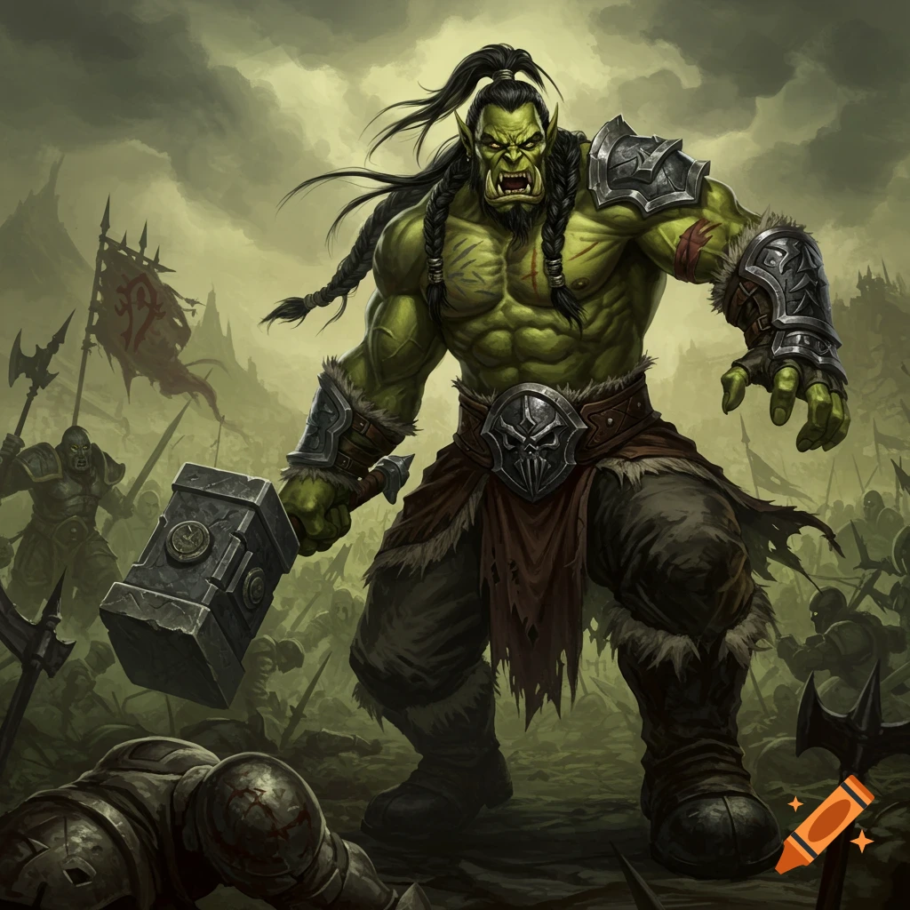 Fantasy illustration of a green-skinned orc warrior holding a large hammer on a battlefield.