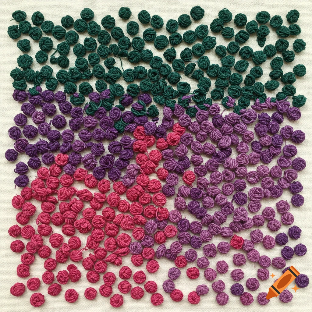 Abstract pattern of colorful green, purple, and pink french knots.