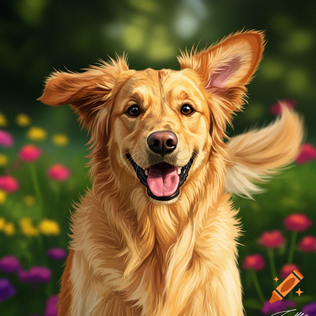 A happy golden retriever sitting in a sunny garden with flowers.