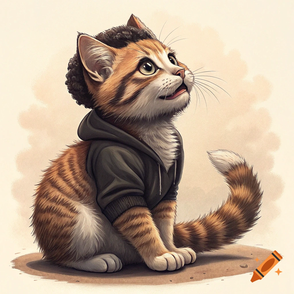 Cartoon illustration of a cute cat wearing a dark hoodie, looking up.