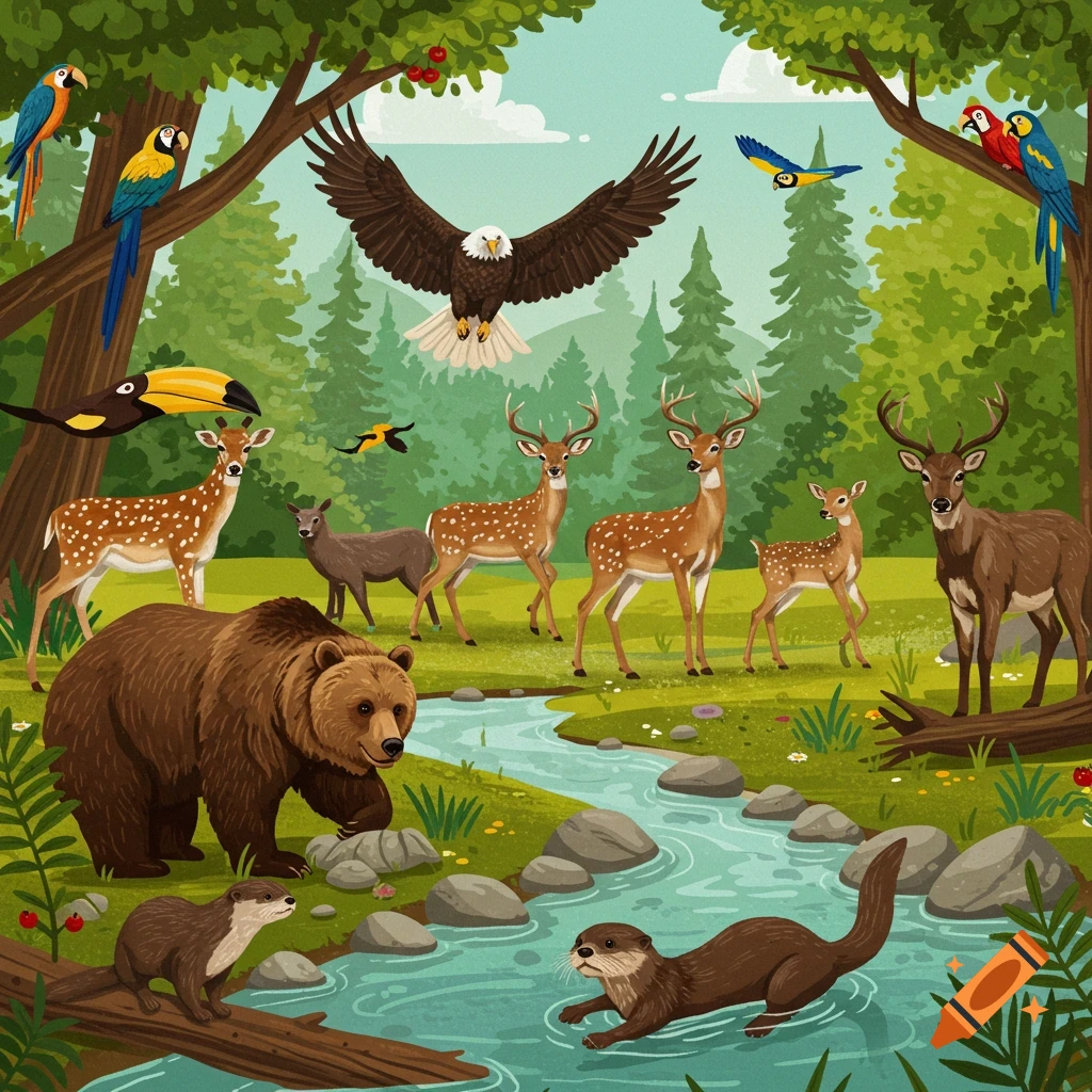 Cartoon illustration of a forest ecosystem with a brown bear, deer, otters, and various birds near a river.