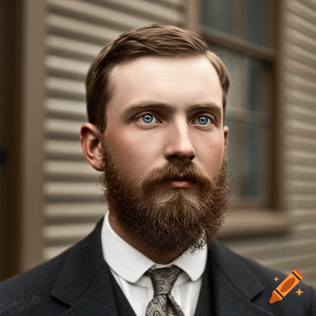 Young man from Quebec in 1905 with brown beard and gray eyes in color photo