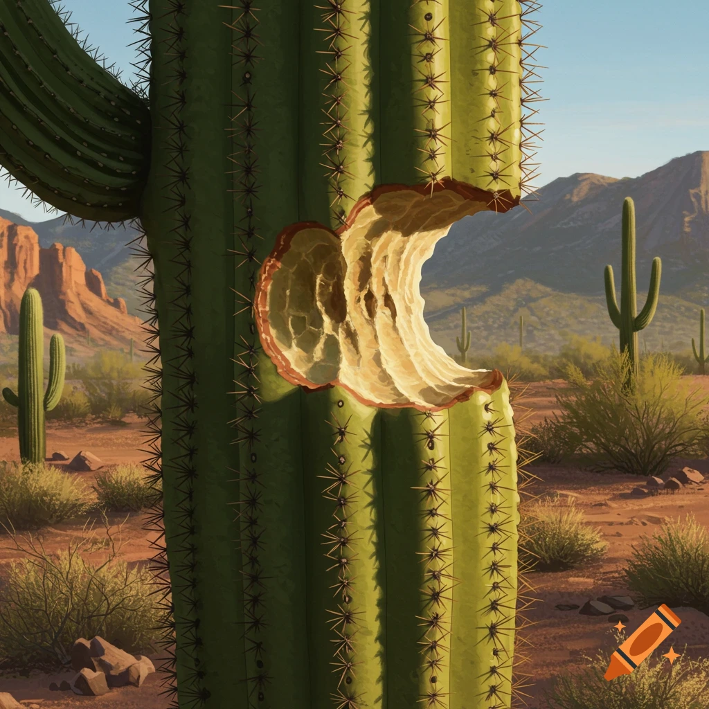 A close-up of a saguaro cactus with a large bite mark in a desert landscape.