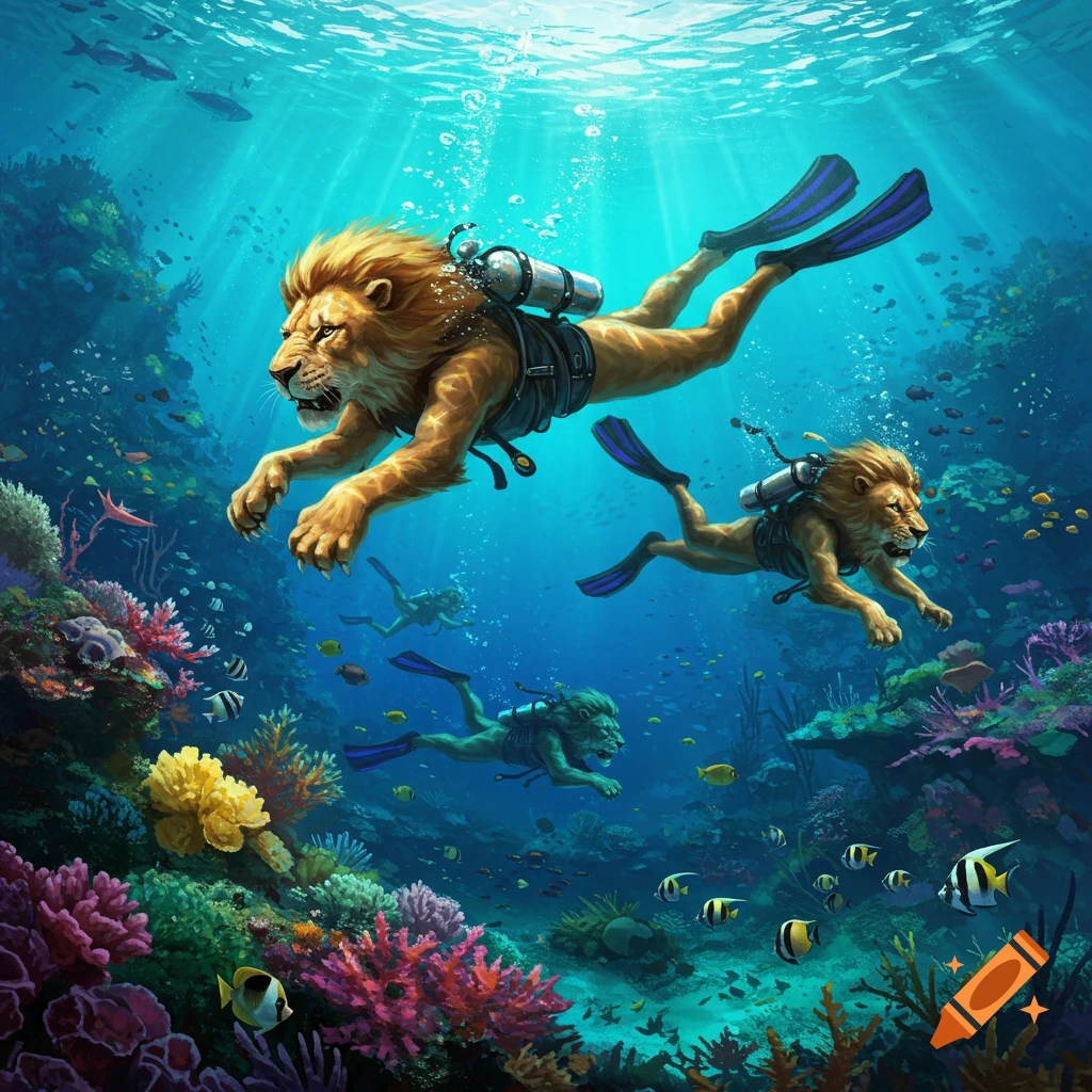 Two lions scuba diving in a vibrant coral reef with fish.