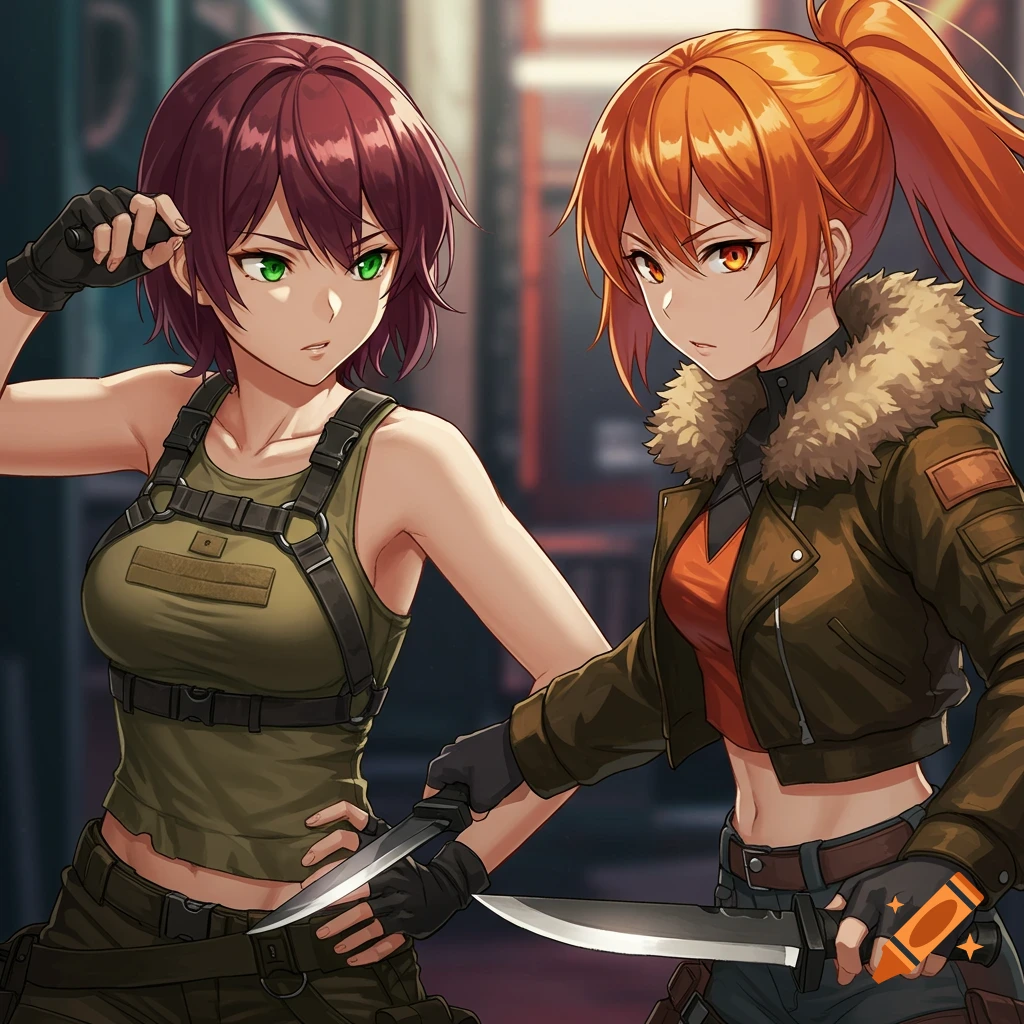 Anime illustration of two girls in tactical gear holding knives in a cyberpunk setting.