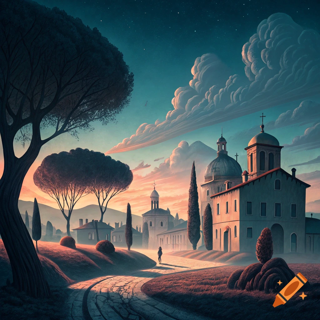 Surreal landscape with a person walking towards distant buildings at sunset, stylized art.