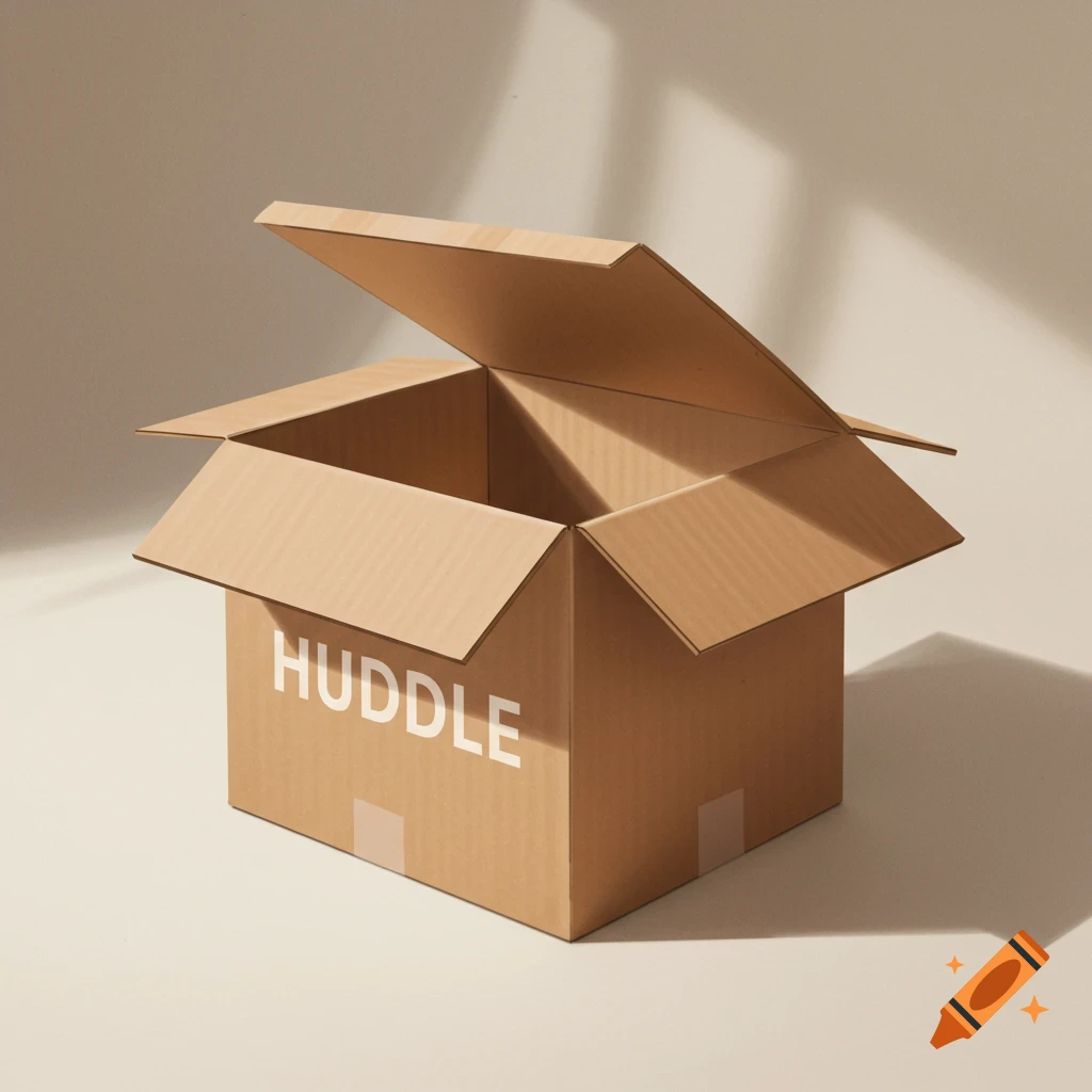 An open cardboard box with the word HUDDLE on the side.