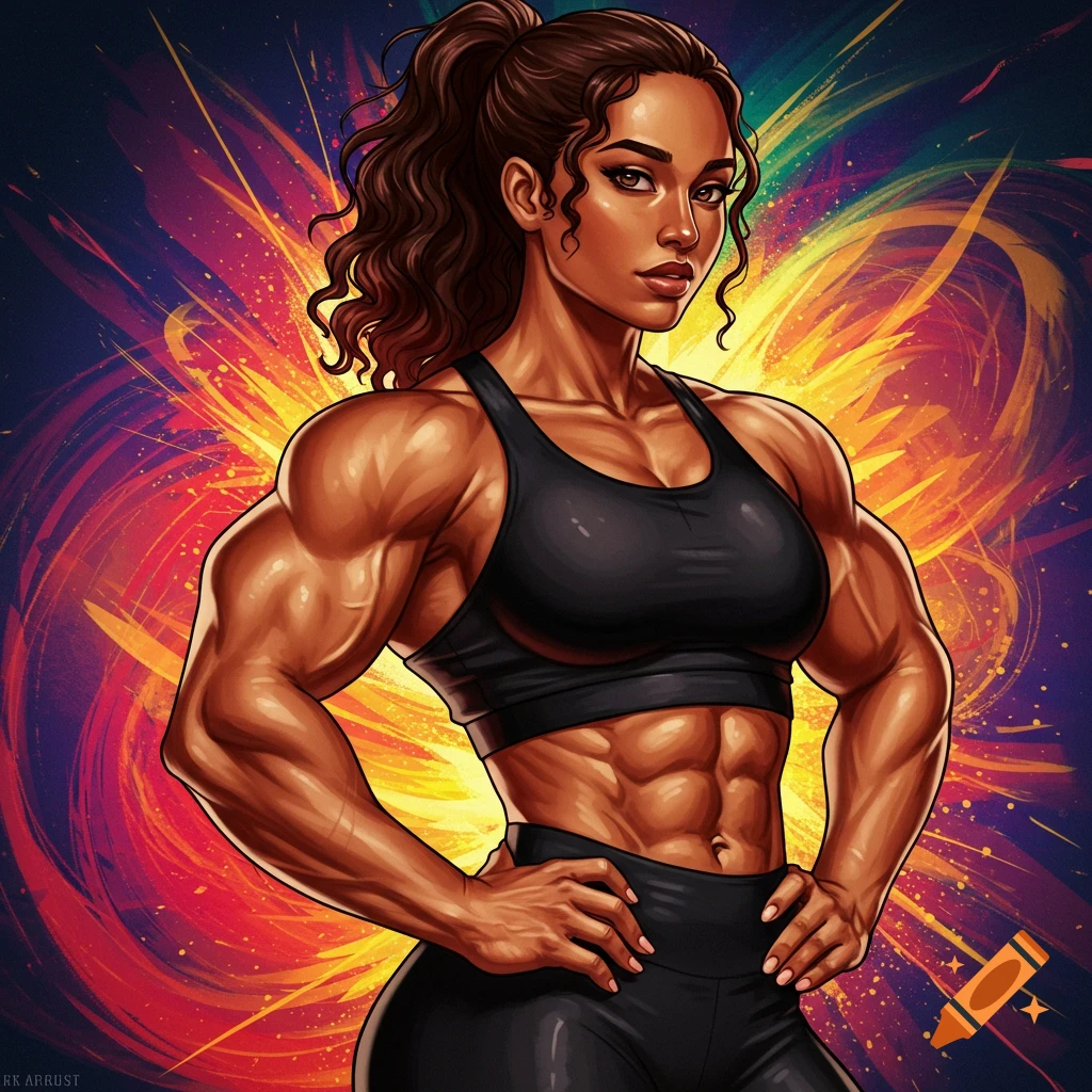 Illustration of a muscular woman in athletic wear with a colorful, explosive background.