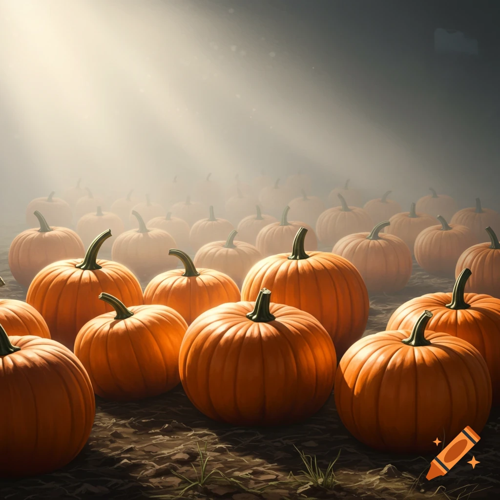 A field filled with bright orange pumpkins under beams of sunlight.