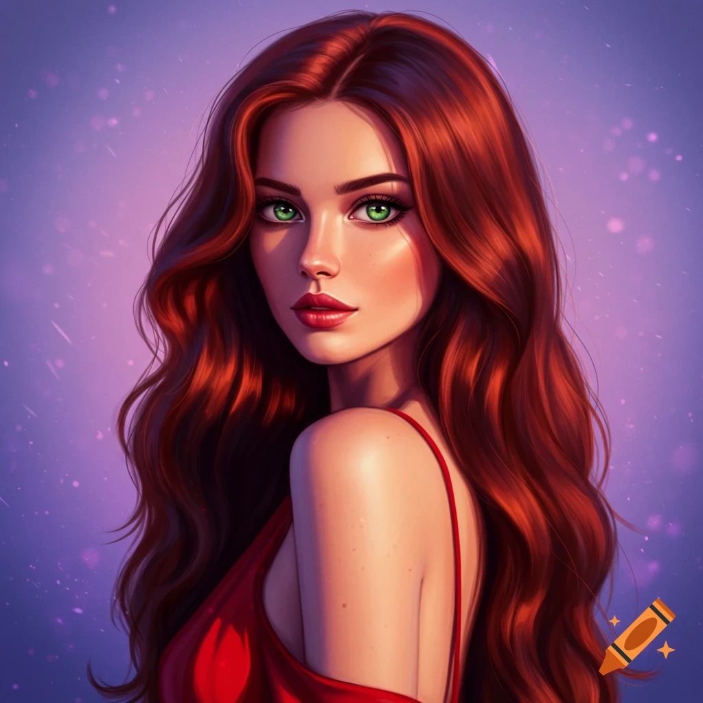 A stylized portrait of a woman with long red hair and striking green eyes, wearing a red dress against a purple background.