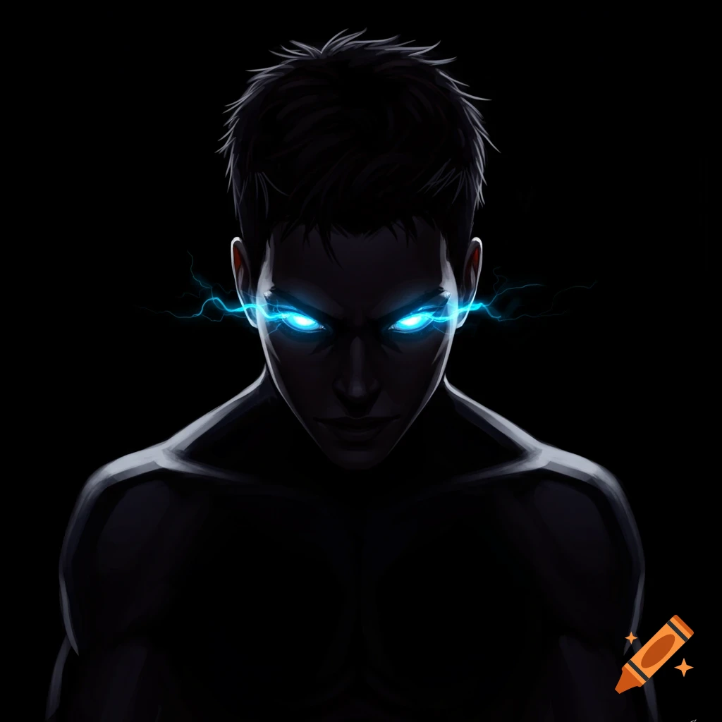 Close-up of a stylized person with glowing blue eyes and electrical effects against a black background.