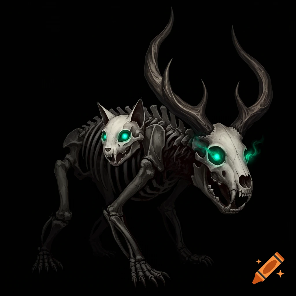 Illustration of a skeletal two-headed creature, one head like a cat, the other like a deer with horns, both with glowing green eyes.