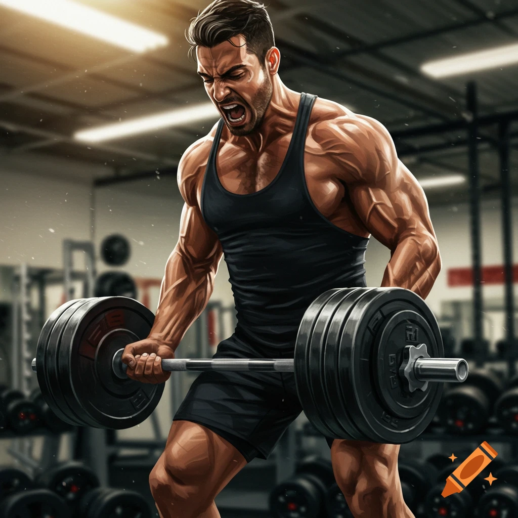 Muscular man intensely lifting a barbell in a gym.