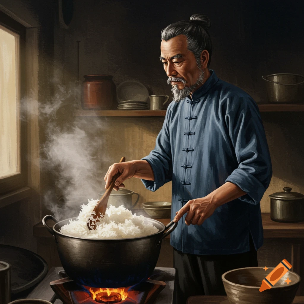 An elderly Chinese man stirs a large pot of rice cooking over a fire in a kitchen.