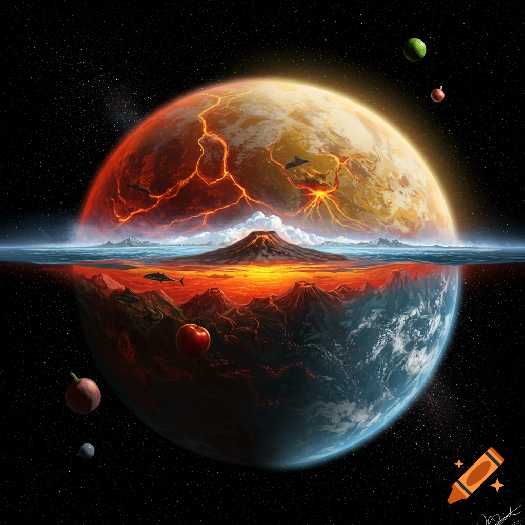 Split planet showing space, volcanoes, lava core, oceans, and floating fruit and fish.
