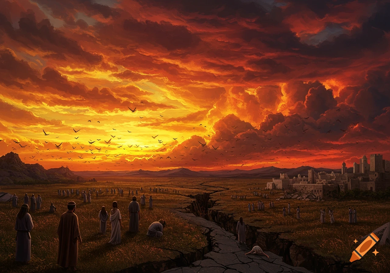 Robed figures stand in a cracked field before a city under a fiery red sky filled with birds, depicting a dramatic biblical scene.