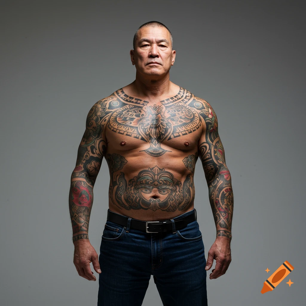 Muscular man with extensive tattoos on chest, arms, and stomach, wearing jeans, against a gray background.