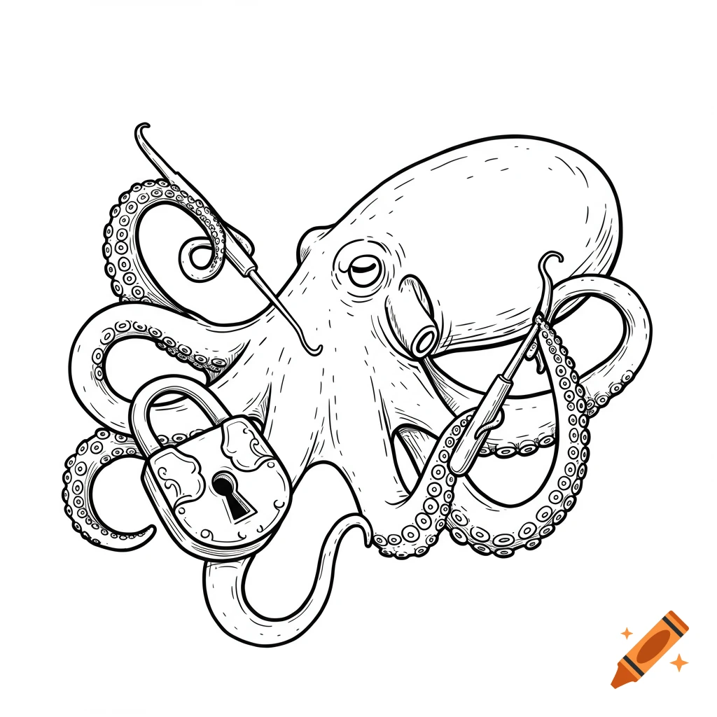 Line art illustration of an octopus holding a lock and lock picks.